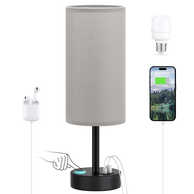 Dicoool Grey Touch Bedside Lamp with USB - 3 Way Dimmable Table Lamp for Bedroom, Nightstand Lamp with Black Charging Station for Desk Dorm, Office, Boy Kids Room, Small