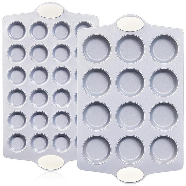 BRONYPRO Ceramic Muffin Pan, 12-Cup and 24-Cup Nonstick Aluminized Steel Mini Cupcake Pans, Healthy Non-Toxic Ceramic Coating Muffin Tin, 2 Pack Cup Cake Pans for Baking Beige