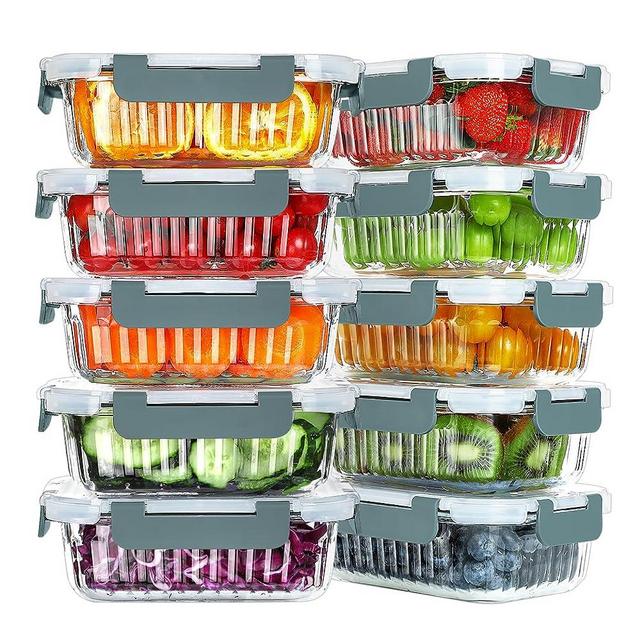 KOMUEE 10 Packs 22 oz Glass Meal Prep Containers, Glass Food Storage Containers with Lids, Airtight Glass Lunch Containers, BPA Free, Microwave, Oven, Freezer and Dishwasher Friendly, Gray