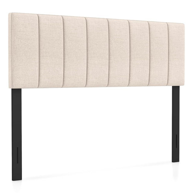 KOMFOTT Linen Upholstered Headboard for Full & Queen Size Bed, Vertical Channel Tufted Rectangular Headboard with Solid Wood Legs & Adjustable Width, Padded Bed Backboard, Easy Assembly, Beige