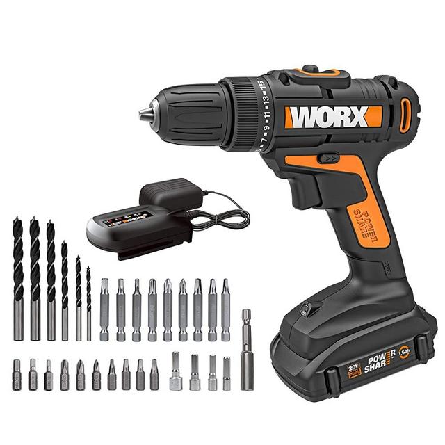 WORX WX101L.4 20V Cordless Drill Driver with 30 Drilling&Driving Bit Set Battery and Charger Included