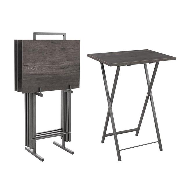 Rpuzonier Folding TV Tray Table Set of 4, Portable Sofa Side Table Wooden TV Tray, Industrial Snack Table End Table Dinner Table for Living Room, Bedroom, Office, Space-Saving (Set of 4, Rustic Grey)