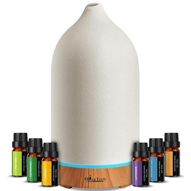 OliveTech Ceramic Diffuser with Essential Oils Set, Essential Oil Diffuser & Top 6 Essential Oils, 100ml Aromatherapy Diffuser with Auto Shut-Off (NO BEEP) for Home, Office