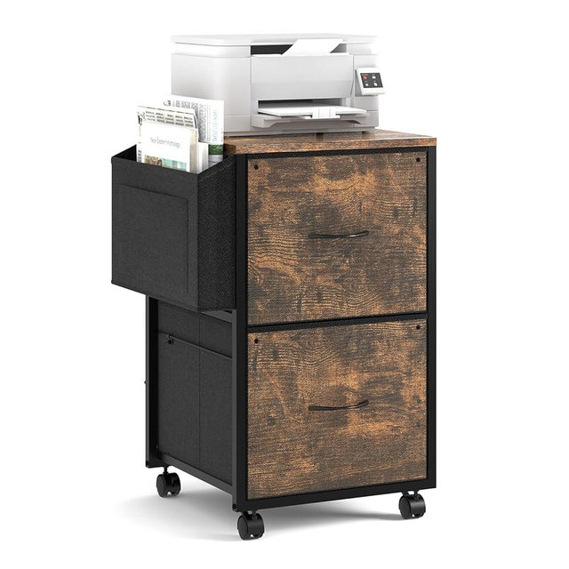 VINGLI 2 Drawer File Cabinet with Side Bag, Rolling Mobile Under Desk with Wheels, Fabric Drawers Printer Stand for Home Office, Fits Letter Size, Rustic Brown