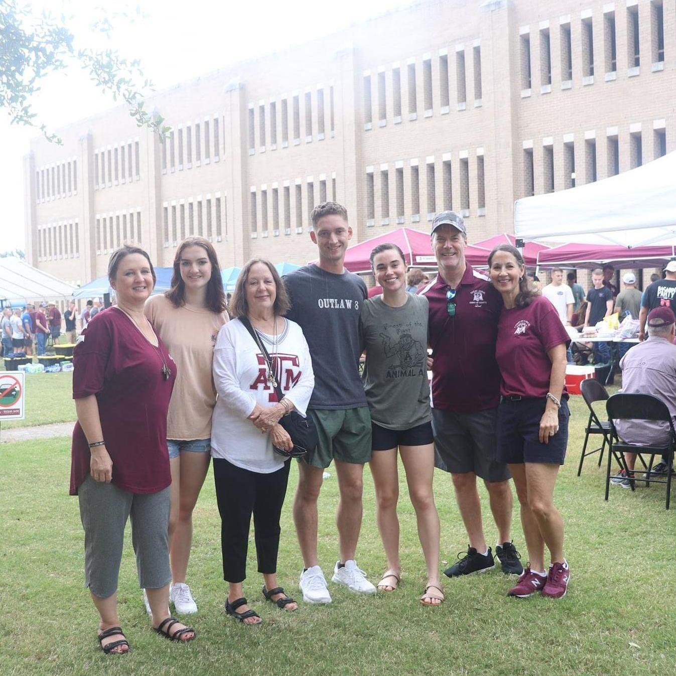 Outfits in the Corps of Cadets have barbeques before some football games, and both of our families came into town for this game! Pictured are his mom, his sister Ella, & Mimi with us and my parents.