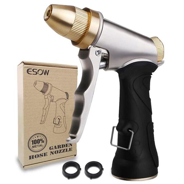 ESOW Garden Hose Nozzle 100% Heavy Duty Metal, Full Brass Nozzle & ABS Non-slip Ergonomic Grip, 4 Watering Patterns, High Pressure Metal Spray Gun for Watering Plants, Car Wash and Showering Dog
