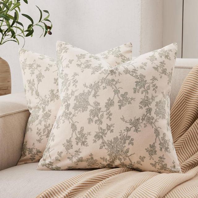 YZJZEDS 100% Cotton French Pastoral Throw Pillow Covers Set of 2, 18x18 Inch Green Farmhouse Decorative Cushion Covers for Sofa Bed Living Room Home Decor