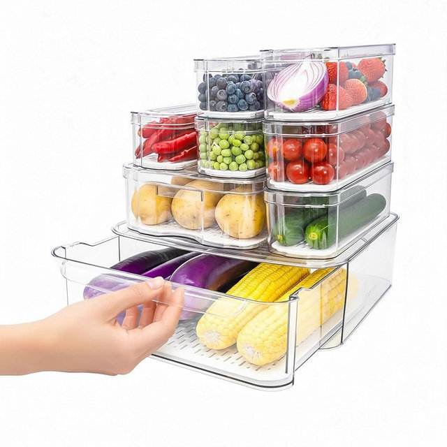 SMRCAD Fridge Organizers and Storage, 8 Pack Clear Freezer Organizer Bins with Lids for Kitchen, Pantry, Refrigerator, Food, Fruit, Vegetable Storage (8 Bins (Include Pull-out Drawer))