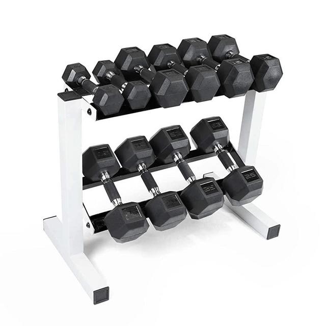 WF Athletic Supply 5-25Lb Rubber Coated Hex Dumbbell Set with Two Tier Storage Rack Non-Slip Hex Shape for Muscle Toning, Strength Building & Weight Loss - Multiple Choices Available