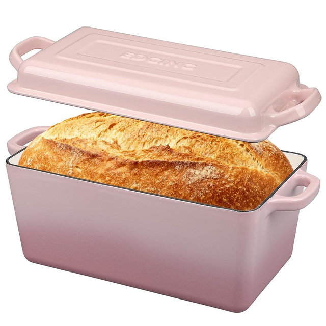 EDGING CASTING Enameled Cast Iron Dutch Oven, Oblong Bread Oven for Sourdough Bread Baking, Baking Pan, Dual Handles, Oven Safe, 4 Quart, Pink