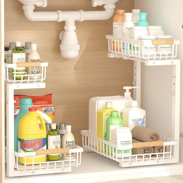 Under Sink Organizer, 2 Pack Under Sink Organizers and Storage, 2-Tier Pull Out Under Cabinet Organizer Storage Shelf, Metal Frame, Height Adjustable Rack for Bathroom Kitchen Pantry