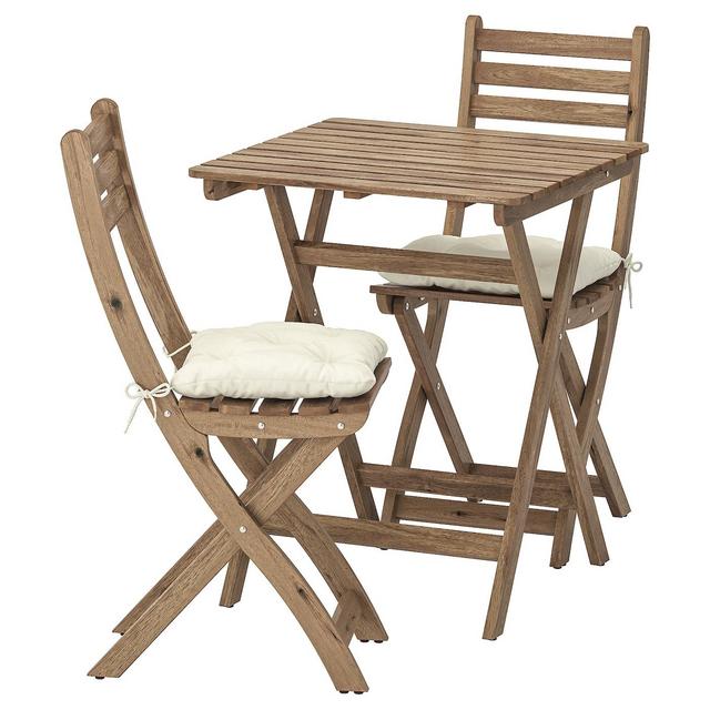 ASKHOLMENTable+2 chairs, outdoor, gray-brown stained, Kuddarna beige