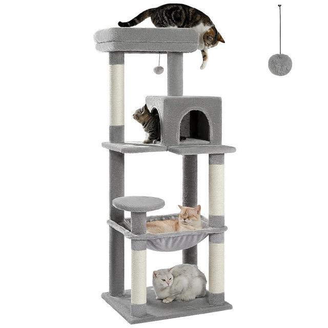 MUTTROS Cat Tree for Large Cats Adult with Metal Plush Big Hammock, 56.3" Cat TowerZ with 2 Door Condo House, 6-Tier Cat Shelves with Scratching Posts and Large Top Perch, Gray