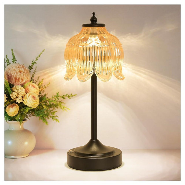 Cordless Lotus Flower Table Lamp, 5200mAh Rechargeable Battery Operated Portable Lamp, 3-Color Dimmable Touch Control Small Desk Lamp for Bedroom, Office, Kitchen, Nightstand,Room Decor(Amber-2)