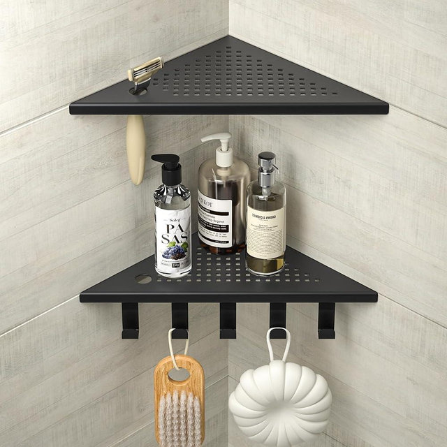 Bernkot Grout in Shower Shelves with Hooks, 304 Stainless Steel Corner Bathroom Shelf for Tiled Wall (Matte Black, 10'' x 10'')