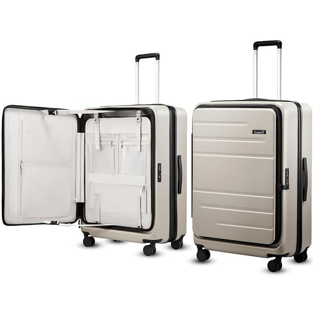 LUGGEX Checked Suitcase with Spinner Wheels, FLO5 Expandable Polycarbonate Hard Shell Suitcase with TSA Approved Lock (FX-Core, Beige, 28 Inch)