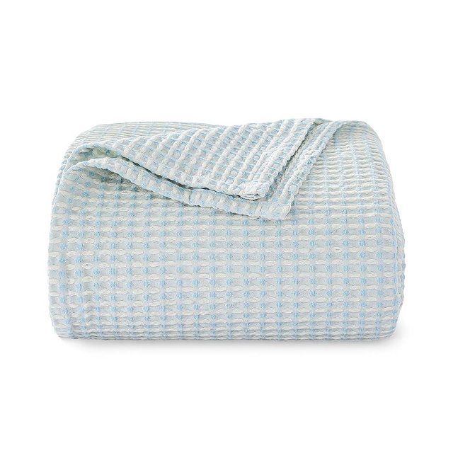 EGOHOME 100% Cotton Waffle Blanket Twin Size for Bed-Breathable and Lightweight,Soft Dual-Tone Textured Jacquard Waffle Weave Blankets for All-Seasons,Angel Falls Blue,60 x 80 Inches