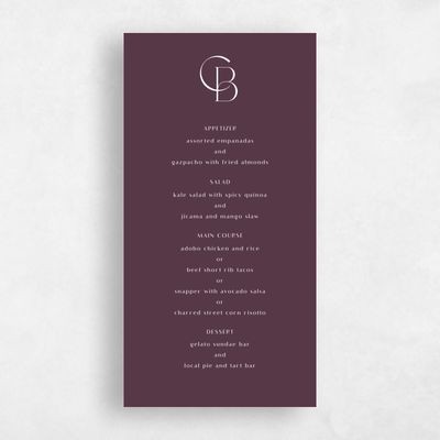 Dark Plum, Purple Wedding Menu - Kenai