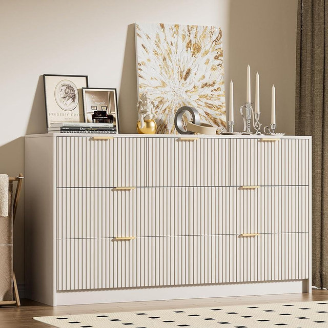 Furniway Beige Dresser for Bedroom, Modern Dresser with 7 Drawers and Smooth Slides, Wide Chest of Drawers with Golden Handles for Bedroom, Living Room, Closet, 15.7" D x 55.1" W x 31.4" H