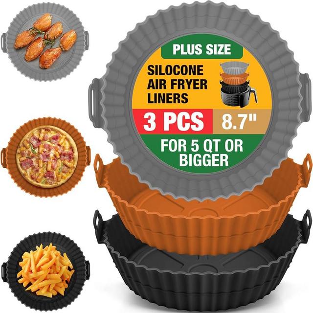 3 Pack Air Fryer Silicone Liners for 5 QT or Bigger, Reusable Food Grade Silicone Airfryer Liners Pot Baking Basket Accessories Replacement of Flammable Disposable Parchment Paper Top 8.7 inch