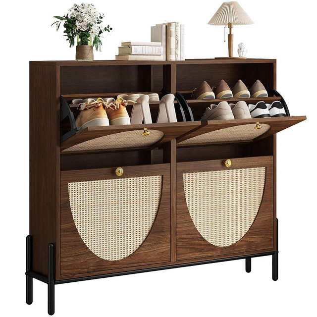 IRONCK Rattan Shoe Cabinet Storage with 4 Flip Drawers, Freestanding Shoe Storage Organizer Cabinet for Entryway, Narrow Shoe Rack Cabinet, Walnut