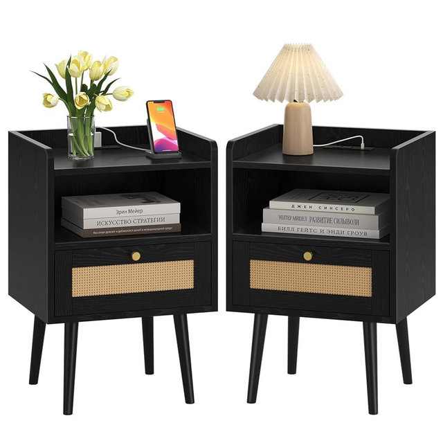 Night stand Set of 2, Bedside Tables with Charging Station, Rattan End Tables, Boho Bed Side Tables, Wood Nightstands set of 2 for Farmhouse Bedroom Living Room Dorm Sofa Couch Office Corner (Black)