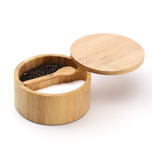 KITCHENDAO Bamboo Salt and Pepper Box - Built-in Serving Spoon to Prevent Lost - Swivel Lid with Magnet to Keep Dry, Dust-free - Fillet Design - 7 oz Capacity Each Compartment