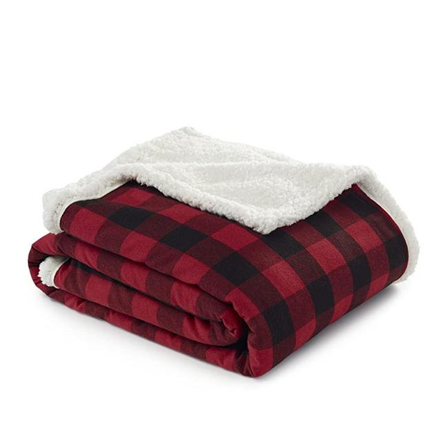 Eddie Bauer | Cabin Plaid Collection | 100% Cotton Flannel to Sherpa Reversible Blanket, Ultra Plush Super Soft & Cozy Throw, Perfect for Gifts, Machine Washable, 50" x 60", Red
