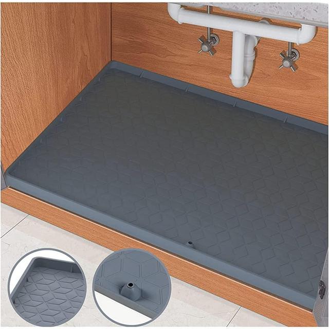 Under Sink Mat, Under Sink Mats for Kitchen Waterproof, 34" x 22" Flexible Silicone Under Sink Liner Drip Tray with Drain Hole, Sink Cabinet Protector Mats for Kitchen & Bathroom Grey