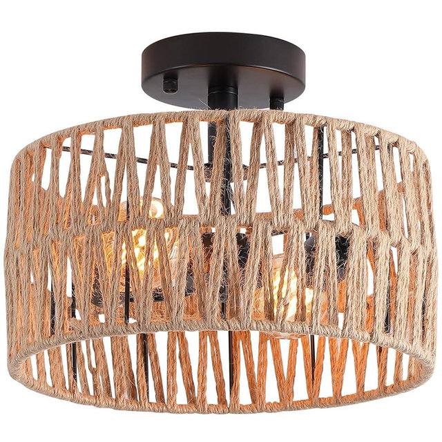 Hchunqjor 2-Light Coastal Woven Flush Mount Light Fixture Rustic Industrial Hemp Rope Semi Flush Mount Ceiling Light for Hallway Bedroom Kitchen Entryway Farmhouse, Black