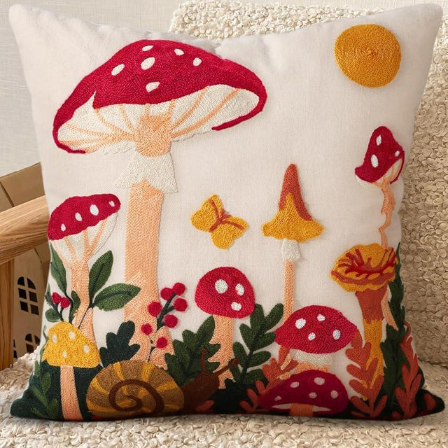 Kokaaee Embroidered Throw Pillow Cover 18x18 Inch - Spring Summer Boho Decorative Pillow Cover with Zipper for Living Room Couch Sofa Bed Aesthetic Design Mushroom Moon Cushion Pillowcase