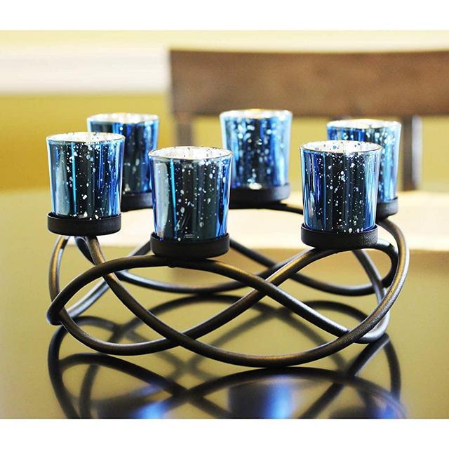 Seraphic Kitchen Table Tealight Candle Holder for Room Decor Centerpiece, Black, Blue Glass Votive 6 Cups