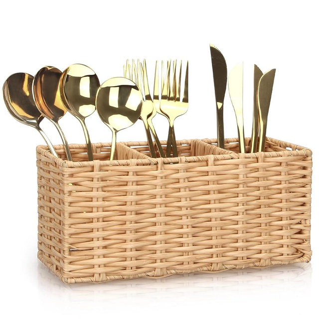 Ayiaren Wicker Flatware Silverware Caddies Cutlery Holder Best Kitchen Silverware Organizer Storage for Countertop Silverware Utensils Holder Party Spoon Knives Fork Holder Flatware Utensil Caddy