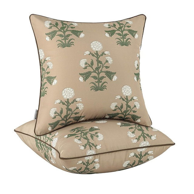 MIULEE Decorative Floral Outdoor Pillow Covers with Inserts Set of 2 18x18,Waterproof Vintage Fade Resistant Patio Throw Pillows with Piping for Spring Summer Garden Couch Sofa,Brown