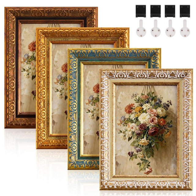 Fiwochic 4 Pack 5 x 7 Inch Vintage Picture Frame Sets, Ornate Vintage Photo Frame with HD Plastic Cover for Wall or Tabletop, Multicolor