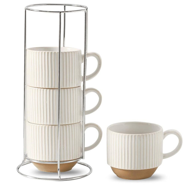 Hasense 15oz Coffee Mug Set of 4 - Stackable Ceramic Mugs with Holder - White & Light Brown Coffe Cups Set for Cappuccino, Tea, Hot Cocoa, Drinks - Wedding & Housewarming Gifts, Everyday Use