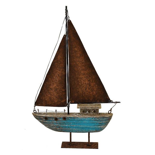 Nautical Wood Sailboat Tabletop Ornaments Handmade Rustic Wooden Boat Decoration Decorative Sailing Boat Model Beach Theme Home Decor (13.43" H)