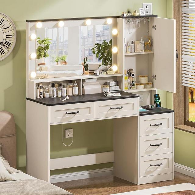 Farmhouse Vanity Desk with Mirror and 10 Led Lights, 45.3 " Large Makeup Vanity Table with Power Outlet, 5 Drawers and 1 cabinet, Vanity Set Dressing Table with 9 Hooks for Women Girls (White+Black)