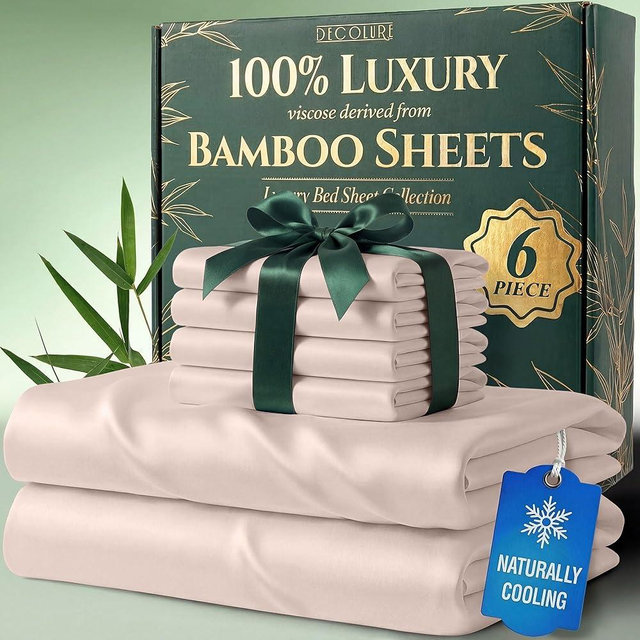 DECOLURE 100% Viscose Derived from Bamboo Sheets King Size - Luxury 6 Pc Naturally Cooling Sheets, Ultra Soft Bed Set - Deep 17" Pockets, Durable Double Stitching, Oeko Tex Standard (Light Pink)