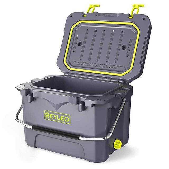 REYLEO Cooler, Rotomolded Cooler 21-Quart, 30-Can, 3-Day Ice Retention, Heavy Duty Ice Chest, Built-in Bottle Opener, Cup Holder, Fishing Ruler, Drain Plug - Gray