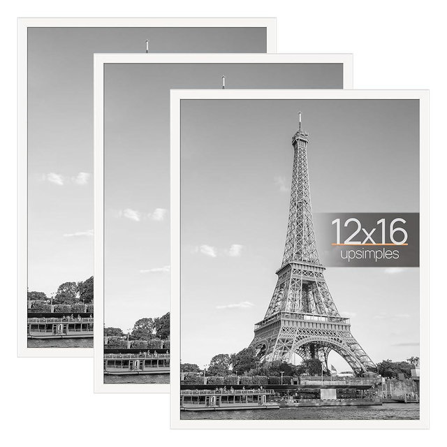 upsimples 12x16 Picture Frame White 3 Pack, Scratch-Proof Poster Frames 12 x 16 for Photo Gallery - Slide-In Strips, Horizontal or Vertical Wall Mounting