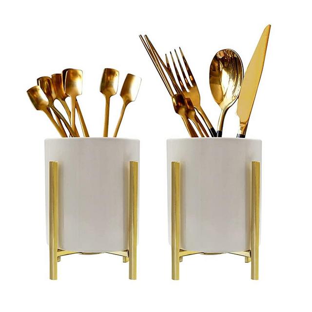 2pcs Sturdy Cutlery Holder White Ceramic With Metal Bracket Robust Silverware Caddy For Countertop - Spoon Holder Silverware Caddy(4.6 - 3.14inch)