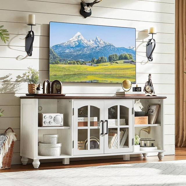 RWYHG Farmhouse TV Stand for 60 Inch TV, Wood Entertainment Center with Adjustable Shelves & Glass Door Storage Cabinet,Television Stands for 65" TVS,TV Console Table for Living Room,Bedroom,White
