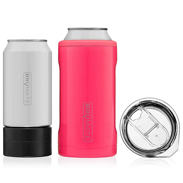 BrüMate HOPSULATOR TRíO 3-in-1 Stainless Steel Insulated Can Cooler, Works With 12 Oz, 16 Oz Cans And As A Pint Glass (Neon Pink)