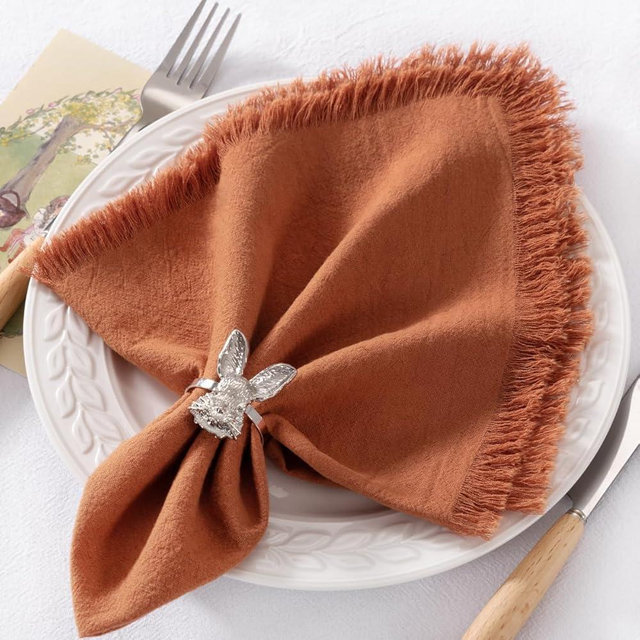 DeZerlor 6 Pack Terracotta Fall Cloth Napkins Set of 6 Thanksgiving Burnt Orange Cotton Linen Napkins with Fringe Rust Boho Handmade Dinner Table Napkins Bulk for Wedding Baby Shower, 17 x 17 Inches