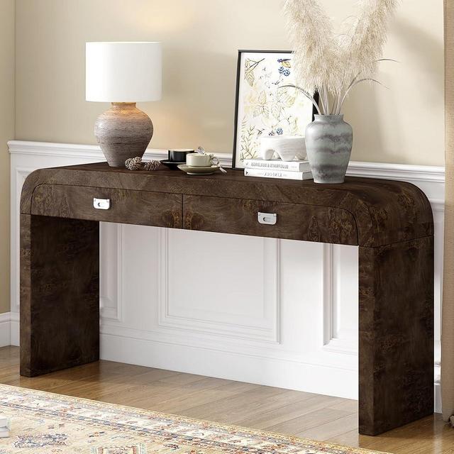 Modern Console Table with Burl Wood Veneer and 2 Drawers, Solid Wood Entryway Sofa Side Table for Hallway, Living Room,Entrance (Dark Brown#)