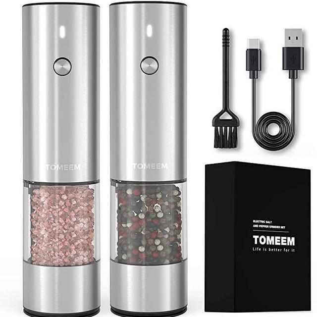 Tomeem Electric Salt and Pepper Grinder Set Enhanced Capacity Stainless Steel Salt and Pepper Shakers Electric with Lights, Silver