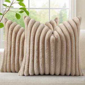 decorUhome Cozy Faux Fur Throw Pillow Covers 26x26 Set of 2 Decorative Soft Plush Striped Modern Farmhouse Boho Couch Euro Sham Pillow Cases with Velvet Back for Sofa Bed Living Room, Khaki Brown