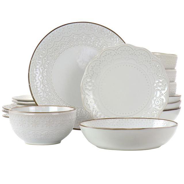 Elama Countess 16 Piece Embossed Double Bowl Stoneware Dinnerware Set in Ivory
