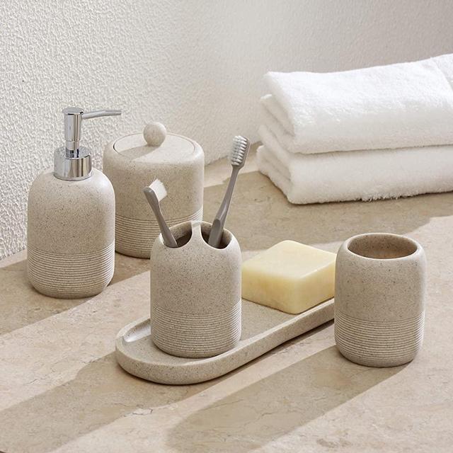 QL DESIGN 5-Pieces Bathroom Accessory Set Hight Quality Polyresin Ensemble-Lotion Dispenser/Toothbrush Holder/Cotton Jar/Tray/Tumbler Cup